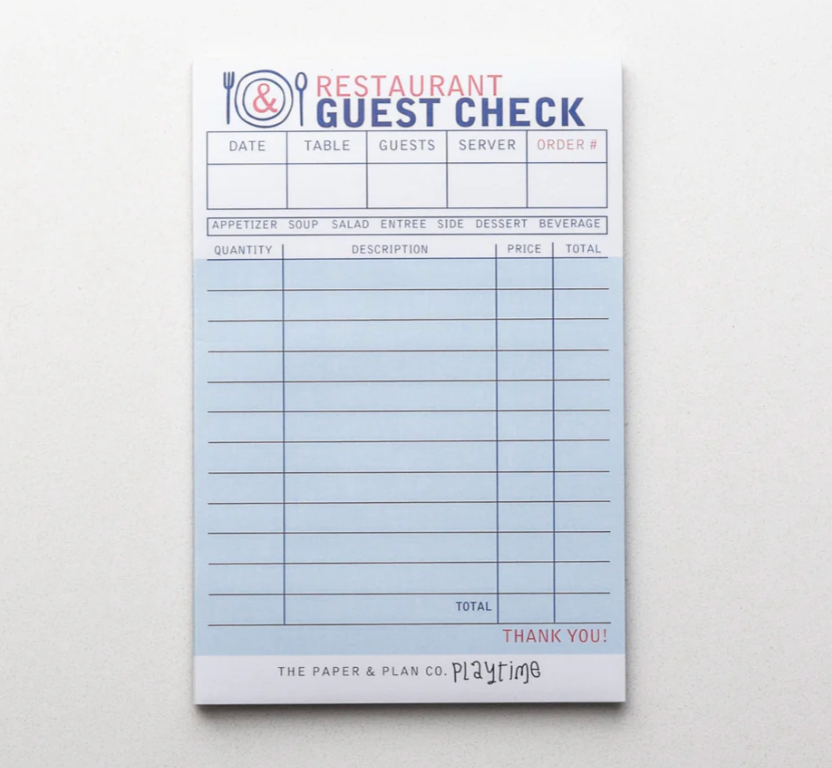Kids Playtime Pad®  Restaurant Guest Check