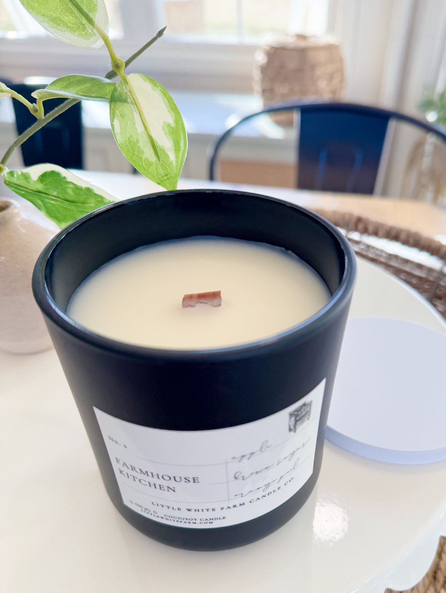 Luxe Farmhouse Kitchen Woodwick Candle-black vessel with white metal lid